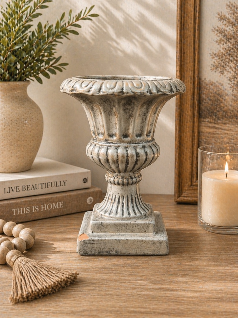 Distressed Resin Urn Planter Rustic Farmhouse Pedestal Decor